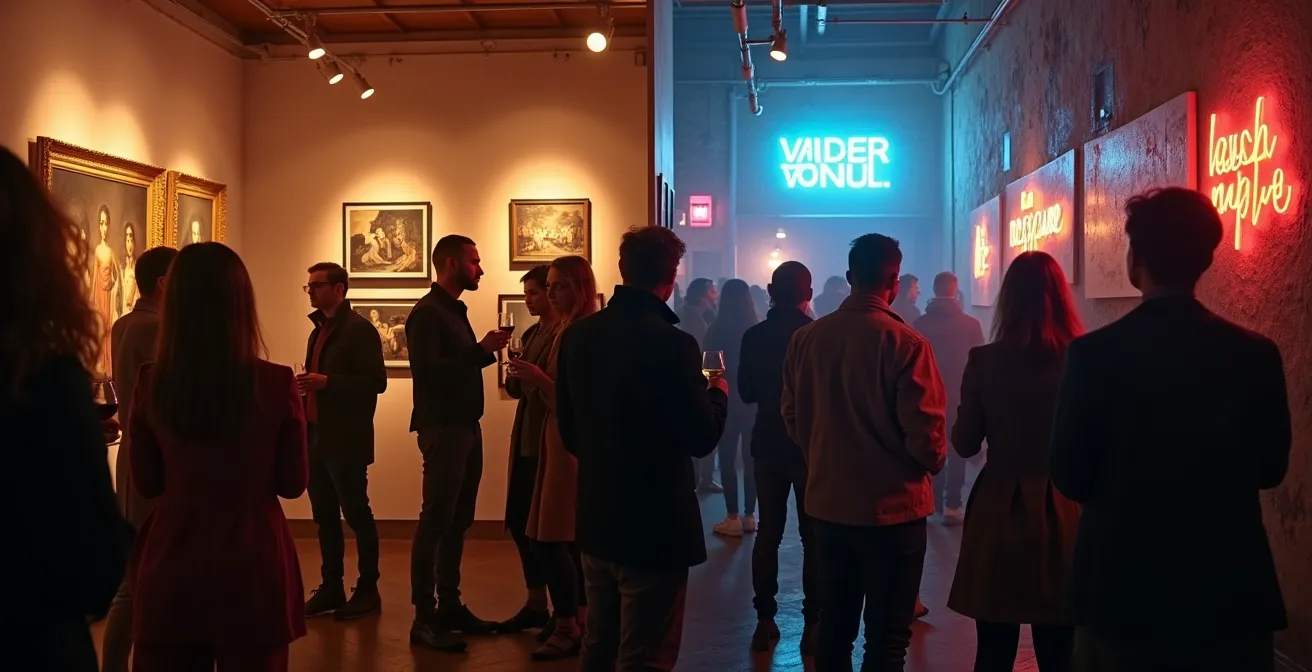 Scène contrastée montrant d’un côté un vernissage élégant dans une galerie du Marais avec vin et œuvres classiques, et de l’autre une soirée décontractée dans un squat à Belleville avec bière et art urbain