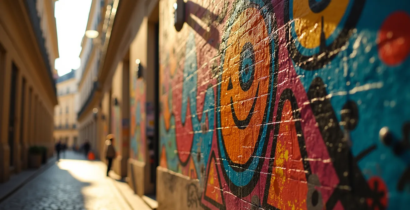 Fresque de street art moderne interactif posée à côté d’un vestige gallo-romain en pierre dans une ruelle parisienne