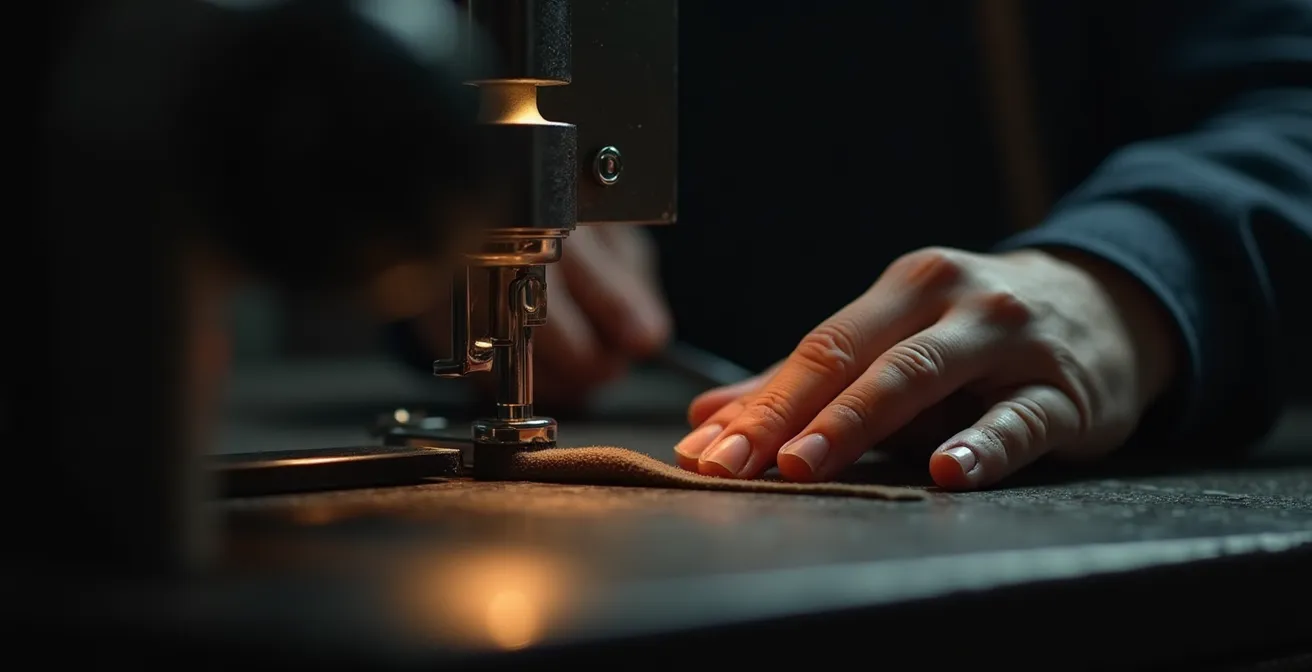 Détail d’une main d’artisan en action, contrastant avec une machine industrielle en arrière-plan, symbolisant le combat entre artisanat manuel et luxe industriel.