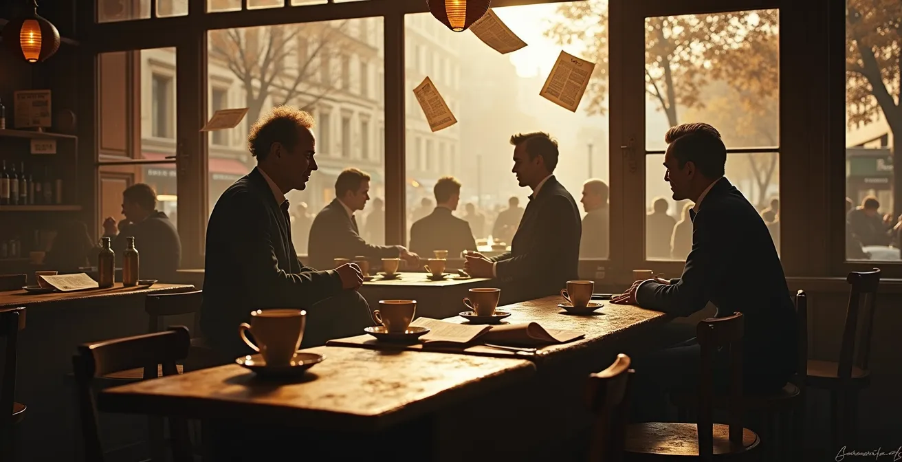 Illustration symbolique des cafés parisiens mêlant tradition et histoire