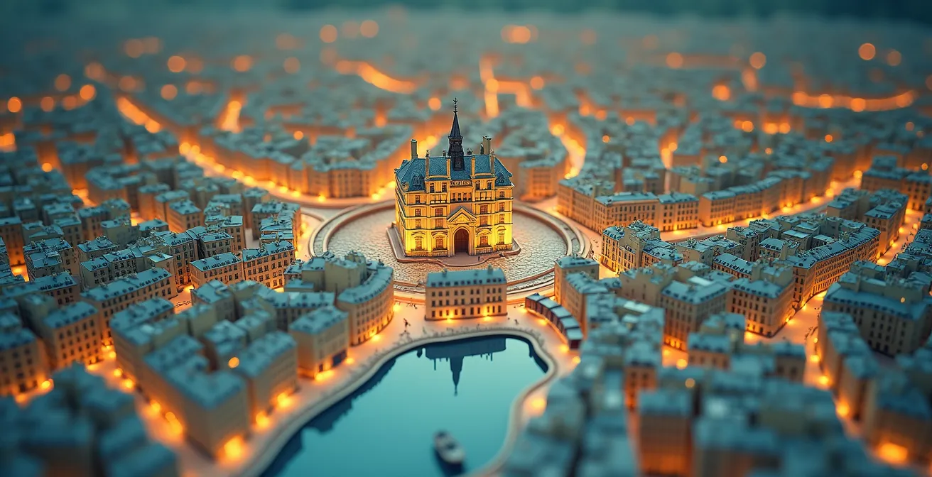 Plan géographique stylisé montrant les parcours optimisés de vernissages à Paris avec icônes de galeries et itinéraires entre quartiers emblématiques