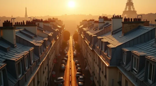 Vue panoramique cinématographique d'un paysage urbain parisien au coucher de soleil, mettant en valeur les toits en zinc, les façades en calcaire lutétien et les rues haussmanniennes baignées d'une lumière douce