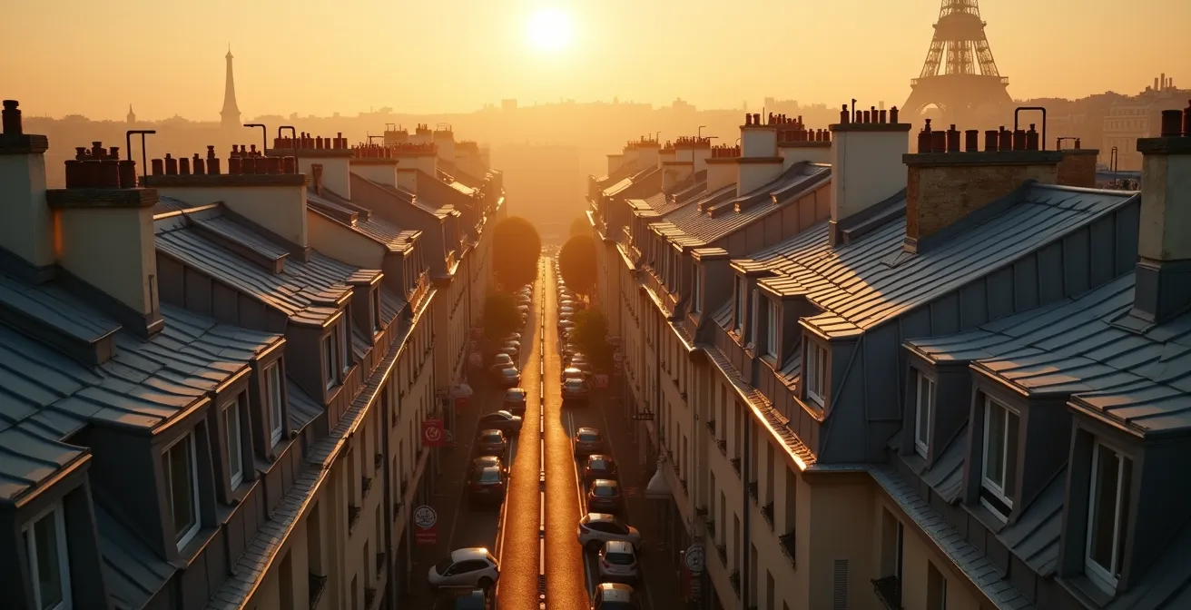 Vue panoramique cinématographique d'un paysage urbain parisien au coucher de soleil, mettant en valeur les toits en zinc, les façades en calcaire lutétien et les rues haussmanniennes baignées d'une lumière douce
