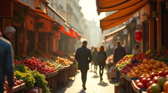 Vue atmosphérique d'un marché parisien traditionnel avec des étals colorés et des passants dans une ambiance chaleureuse