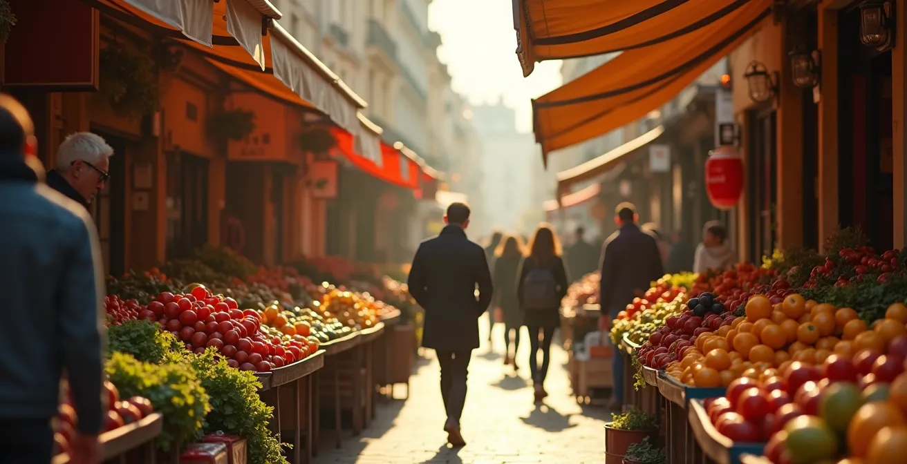 Vue atmosphérique d'un marché parisien traditionnel avec des étals colorés et des passants dans une ambiance chaleureuse