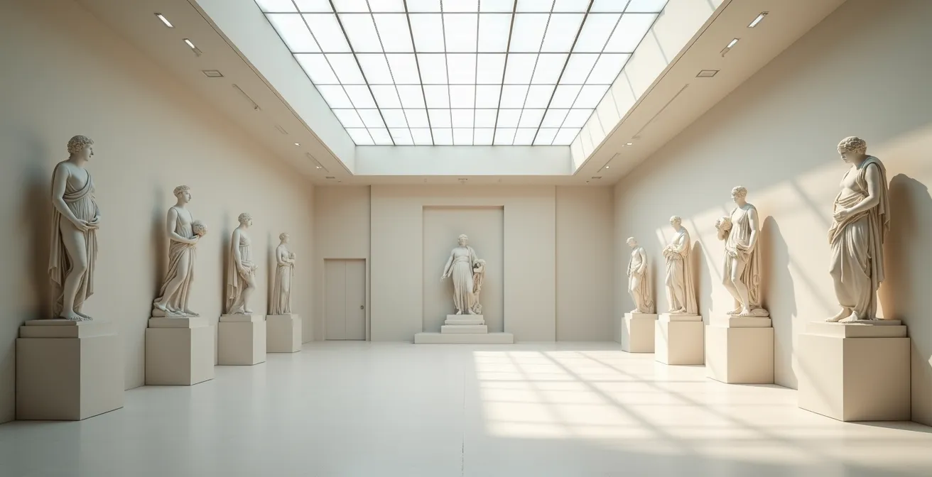 Vue intérieure de la Cour Marly avec sculptures baignées de lumière naturelle sous la verrière, environnement calme et aéré.