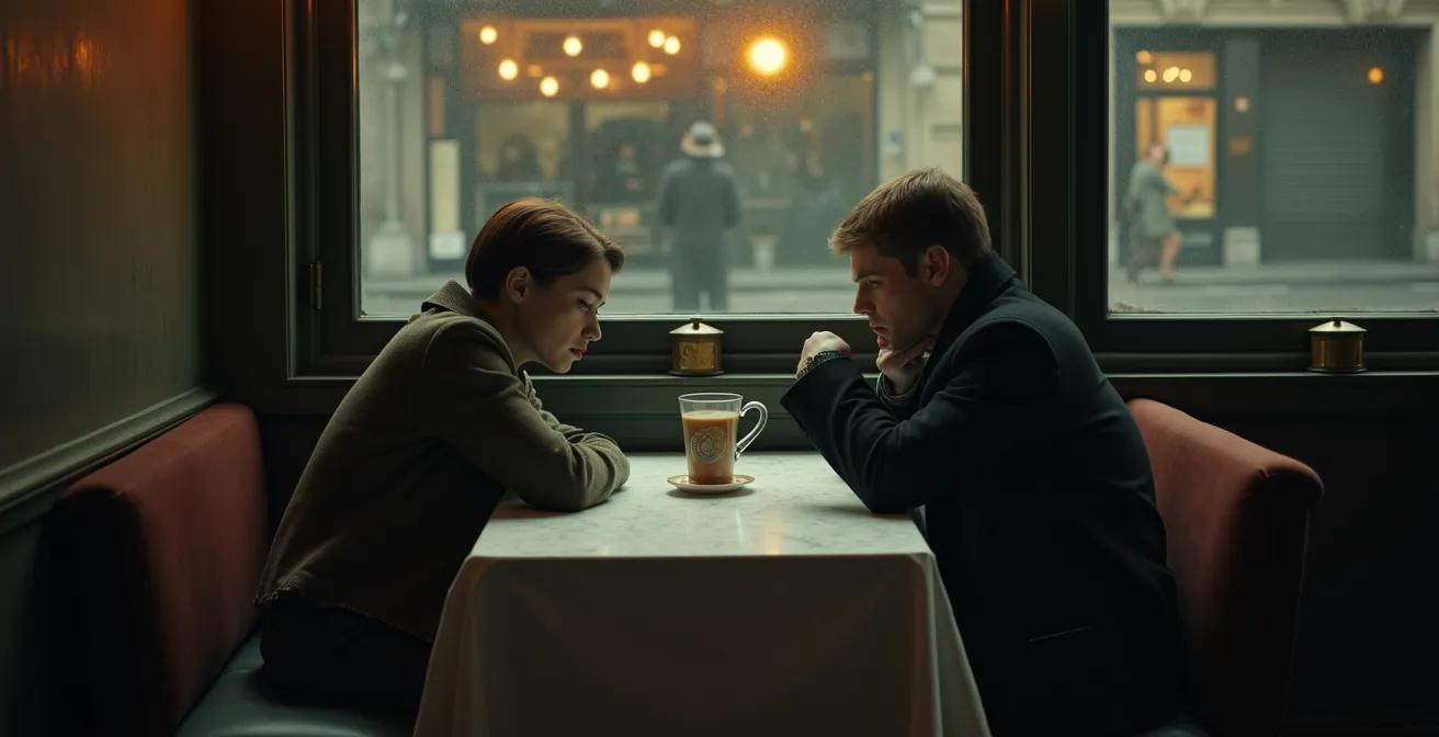 Tableau L'Absinthe de Degas montrant une femme et un homme assis dans un café parisien, figures mélancoliques et isolées, lumière froide café Belle Époque, composition diagonale, perspective asymétrique japonisante.