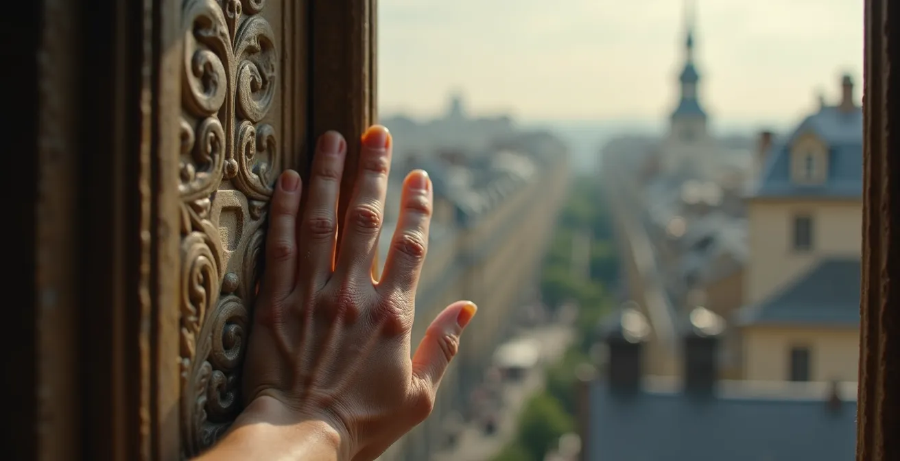Une main âgée d’artisan posée sur un vestige historique parisien, floute les contours du quartier parisien en arrière-plan, symbolisant la disparition progressive des savoir-faire.