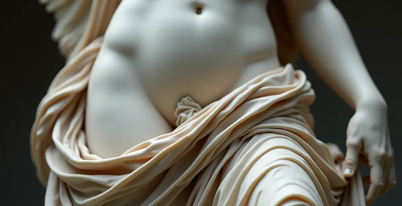 Gros plan sur le drapé de la Victoire de Samothrace révélant la virtuosité technique du sculpteur hellénistique dans le rendu du tissu mouillé