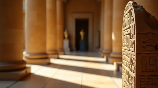 Salle du Louvre avec hiéroglyphes égyptiens illuminant les murs, artefacts pharaoniques en vitrine, ambiance mystérieuse et érudite
