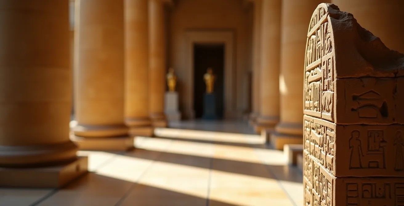 Salle du Louvre avec hiéroglyphes égyptiens illuminant les murs, artefacts pharaoniques en vitrine, ambiance mystérieuse et érudite