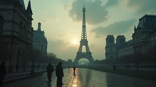 Vue symbolique et artistique de monuments parisiens emblématiques avec des éléments mystérieux et légendaires intégrés dans l'image