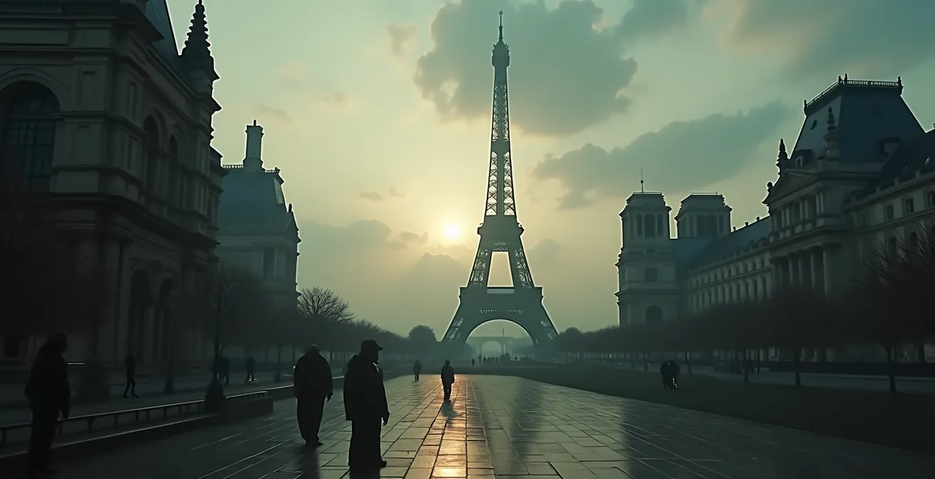 Vue symbolique et artistique de monuments parisiens emblématiques avec des éléments mystérieux et légendaires intégrés dans l'image