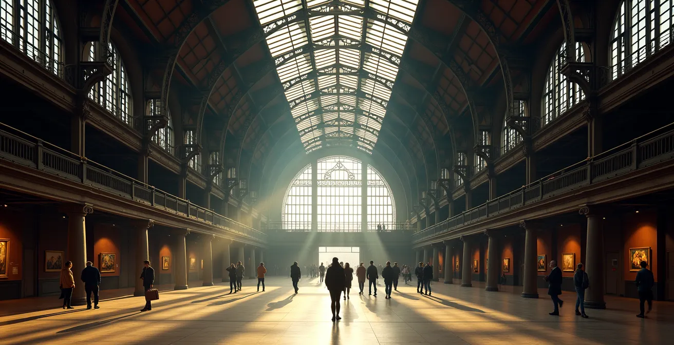 Vue intérieure architecturale de la gare d'Orsay montrant structures métalliques de l'époque industrielle et verrière, convertie en musée.