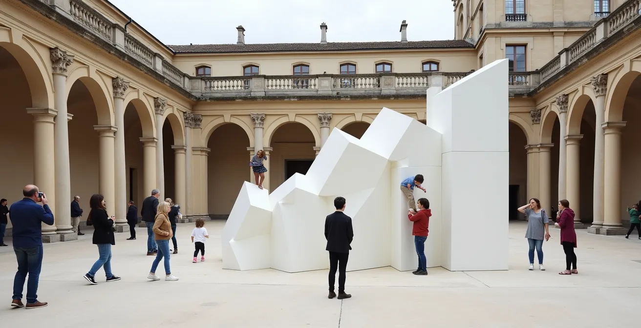 Installation artistique contemporaine minimaliste dans un espace architectural historique français