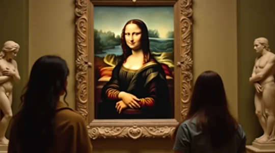 La Joconde exposée au musée du Louvre avec un fond évoquant Paris antique et éléments artistiques anciens