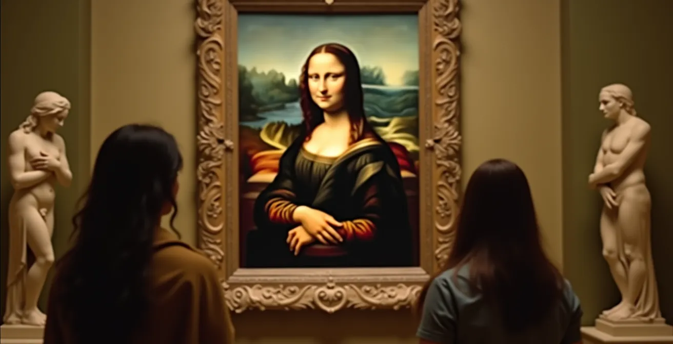 La Joconde exposée au musée du Louvre avec un fond évoquant Paris antique et éléments artistiques anciens