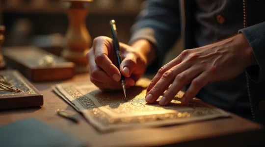 Une scène montrant les mains patientes et habiles d'artisans d'art parisiens travaillant sur des pièces de luxe, bois, cuir et dorure, dans un atelier parisien lumineux et ancien.