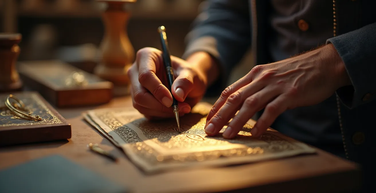 Une scène montrant les mains patientes et habiles d'artisans d'art parisiens travaillant sur des pièces de luxe, bois, cuir et dorure, dans un atelier parisien lumineux et ancien.