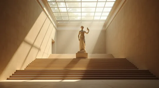 Vue intérieure majestueuse du Louvre montrant l'escalier Daru avec la Victoire de Samothrace illuminée par la lumière naturelle, composition symétrique.