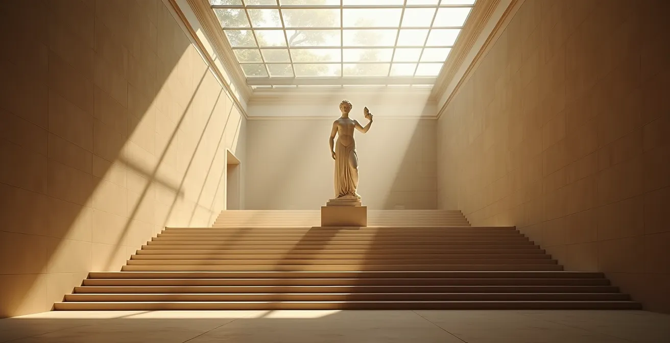 Vue intérieure majestueuse du Louvre montrant l'escalier Daru avec la Victoire de Samothrace illuminée par la lumière naturelle, composition symétrique.