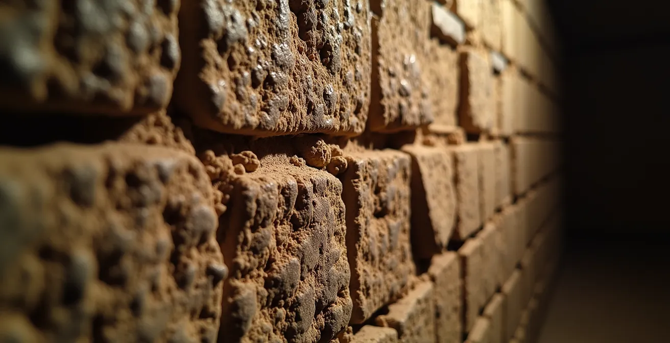 Gros plan photographique des fondations médiévales en pierre du Louvre, vestiges visibles du XIIe siècle, avec textures brutes et historiques.