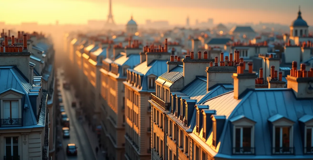 Vue détaillée d'un quartier parisien avec façades en calcaire, toits en zinc et rues haussmanniennes baignées par une lumière douce et dorée