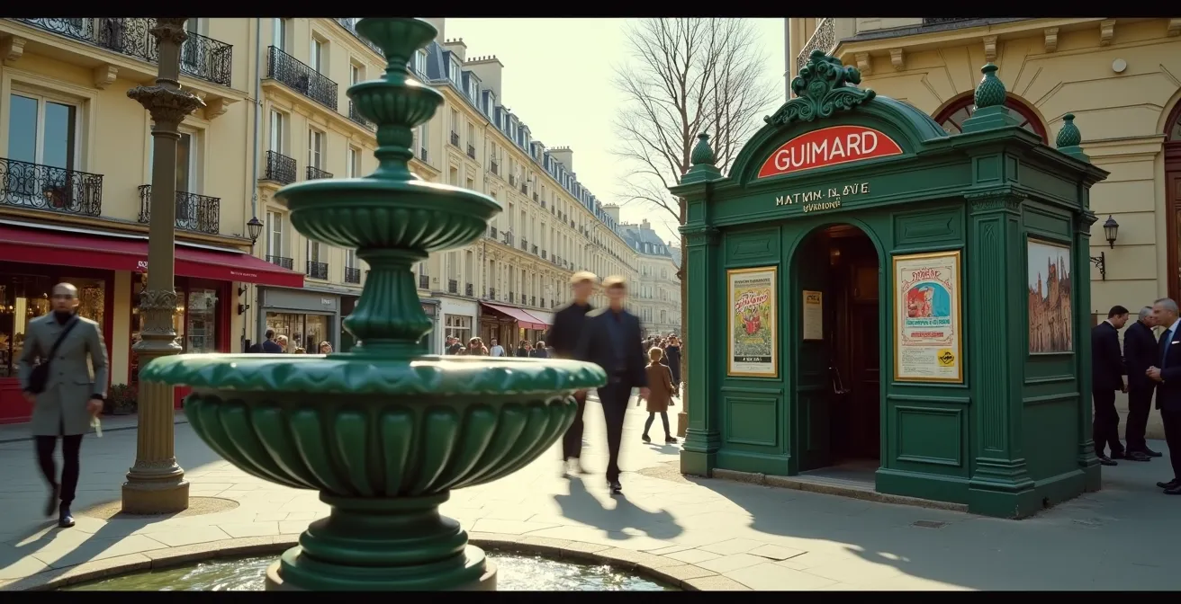 Photographie réaliste d'une rue parisienne avec une fontaine Wallace, une colonne Morris pour affichage et une bouche de métro style Guimard intégrées harmonieusement dans le paysage urbain