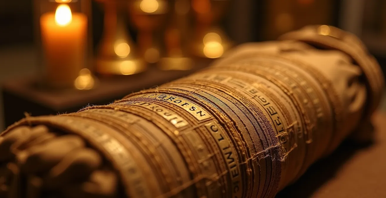 Détail d'une momie égyptienne dans son sarcophage cartonnage, entourée d'objets funéraires dorés et de symboles religieux