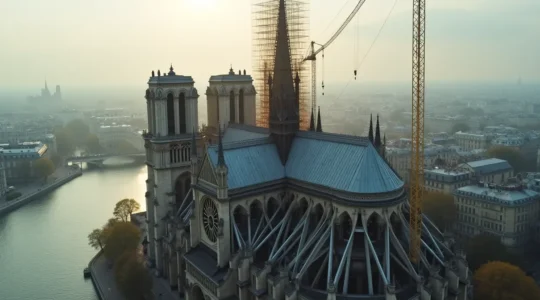Vue aérienne de Notre-Dame en reconstruction : flèche dorée surplombant l'échafaudage massif, ouvriers et grues mobilisées, reflets de l'Île de la Cité en contraste avec le chantier du siècle.