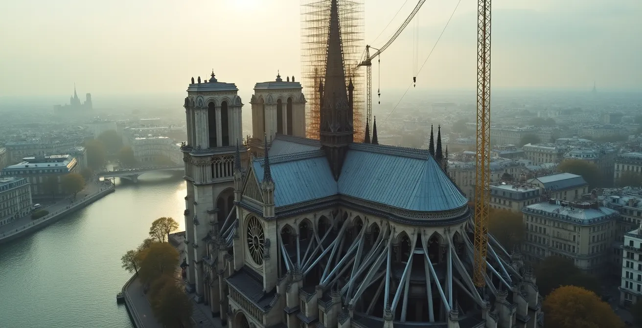 Vue aérienne de Notre-Dame en reconstruction : flèche dorée surplombant l'échafaudage massif, ouvriers et grues mobilisées, reflets de l'Île de la Cité en contraste avec le chantier du siècle.