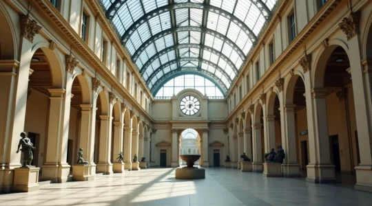 Vue intérieure majestueuse du musée d'Orsay montrant la nef d'une ancienne gare Belle Époque, avec vitrail zénithal diffusant lumière naturelle, horlogerie monumentale, architecture fer et pierre, visiteurs flânant sous arcades dorées et sculptures.