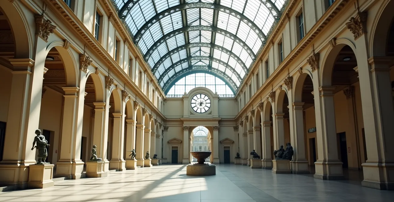 Vue intérieure majestueuse du musée d'Orsay montrant la nef d'une ancienne gare Belle Époque, avec vitrail zénithal diffusant lumière naturelle, horlogerie monumentale, architecture fer et pierre, visiteurs flânant sous arcades dorées et sculptures.