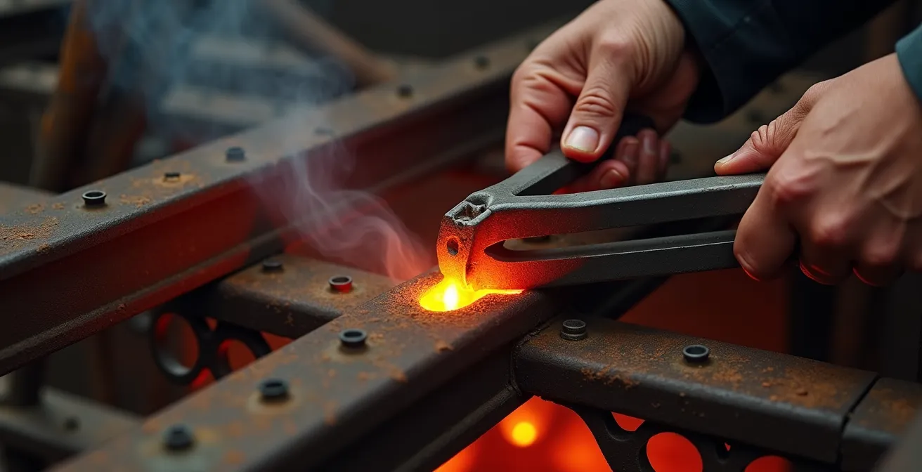 Équipe d'ouvriers assemblant la structure métallique avec la technique du rivetage à chaud