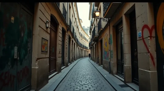 Vue cinématographique d'une ruelle ancienne de Paris avec des détails de street art moderne et des éléments anciens en pierre évoquant l'histoire secrète de la ville