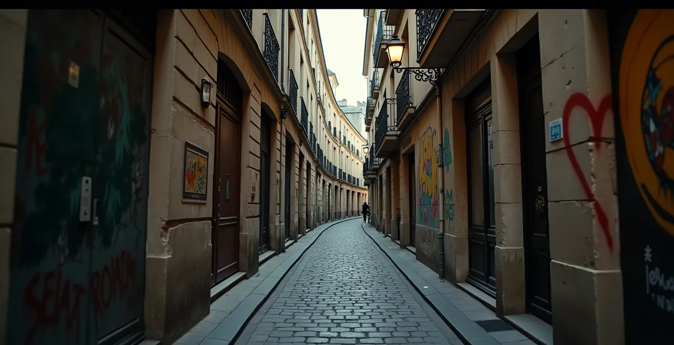 Vue cinématographique d'une ruelle ancienne de Paris avec des détails de street art moderne et des éléments anciens en pierre évoquant l'histoire secrète de la ville
