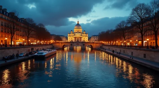 Vue symbolique de Paris mêlant sites antiques et activités culturelles contemporaines