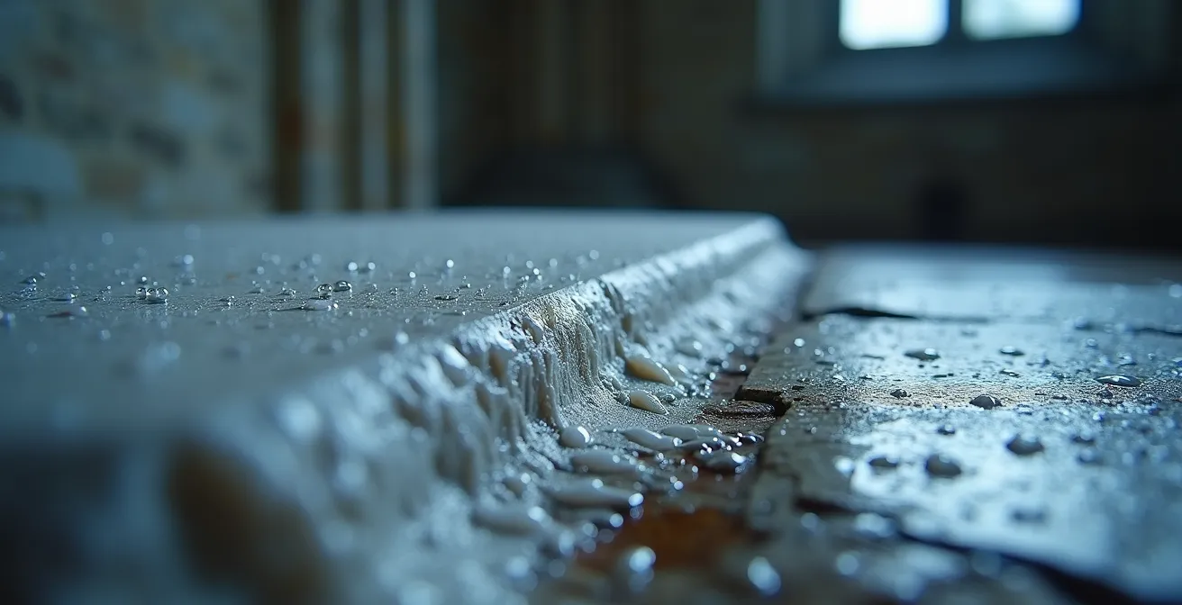 Schéma en coupes transversales montrant les différentes phases de désalinisation des voûtes : compresses absorbantes appliquées sur pierre, extraction des cristaux salins, restauration couche par couche.