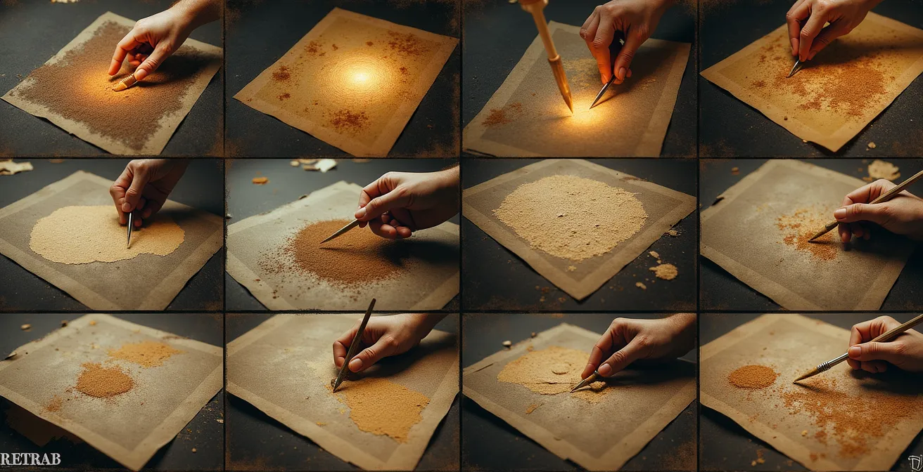 Illustration montrant les étapes d'enquête, recherche des matériaux et cartographie des altérations dans la restauration d'un tableau ancien