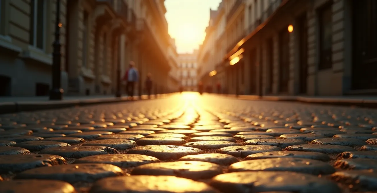 Vue d'une rue pavée authentique de Paris avec ses pavés de granit patinés par le temps