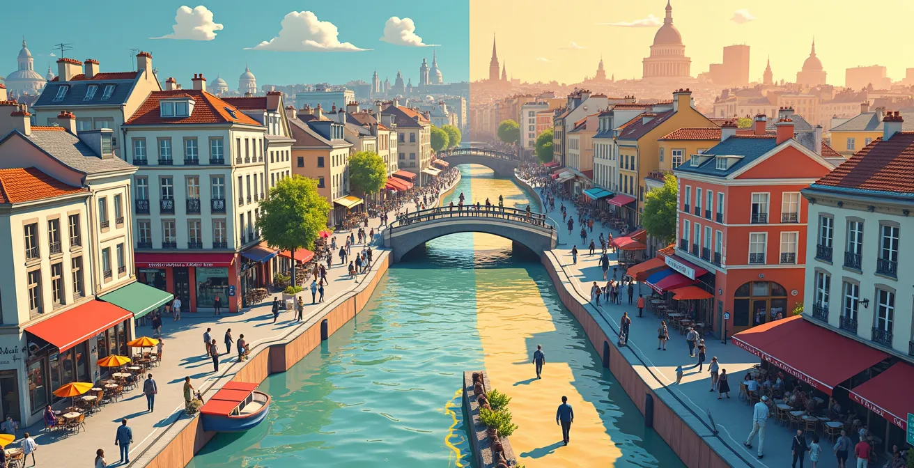 Carte visuelle des contrastes culturels entre le Marais et Belleville à Paris, montrant les ambiances et lieux artistiques emblématiques.