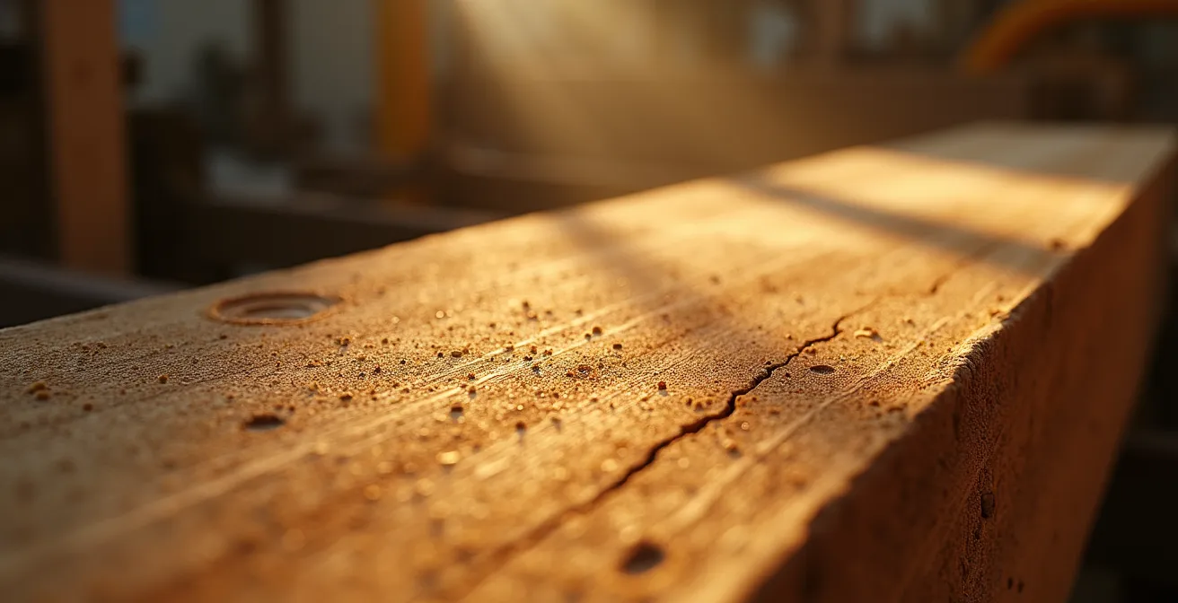 Plan serré sur les scieries angevines : sciage des grumes préassemblées destinées aux Ateliers Perrault, avec copeaux dorés et lumière naturelle traversant l'atelier.