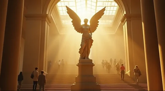 La Victoire de Samothrace déployant ses ailes majestueuses dans l'escalier du Louvre, incarnant l'élan triomphant de l'art hellénistique