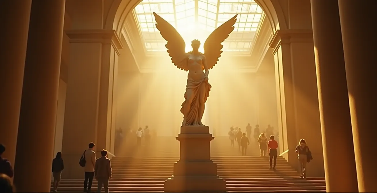 La Victoire de Samothrace déployant ses ailes majestueuses dans l'escalier du Louvre, incarnant l'élan triomphant de l'art hellénistique