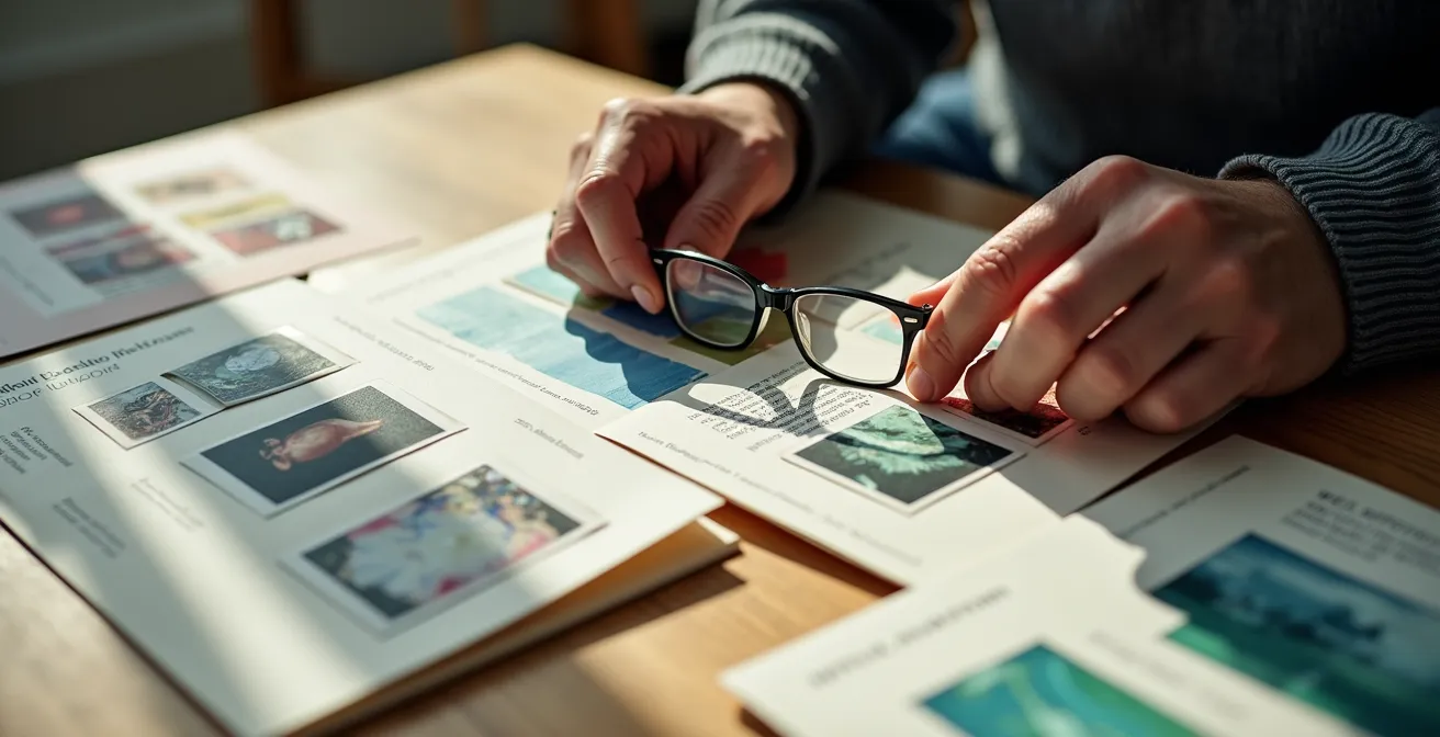 Main analysant un portfolio d'artiste avec CV et œuvres étalés sur une table