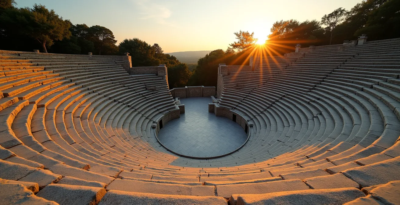 Vue atmosphérique des gradins antiques déserts baignés dans une lumière dorée du soir