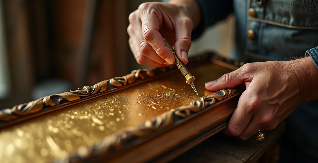 Artisan doreur à l'œuvre dans son atelier parisien traditionnel