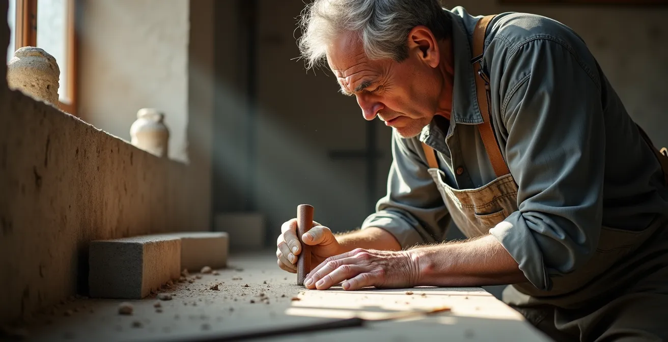 Artisan tailleur de pierre travaillant sur un bloc de calcaire pour la restauration de Notre-Dame