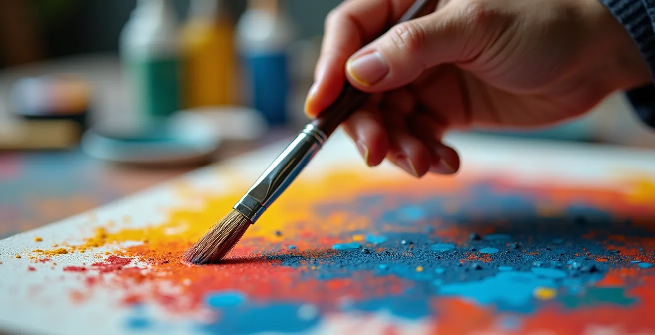 Vue macro d'une main d'artiste travaillant sur une toile avec des éclaboussures de peinture colorées