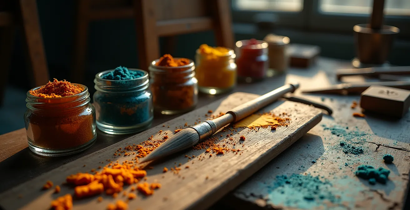 Vue macro de pigments anciens et pinceaux dans l'atelier clandestin d'un faussaire